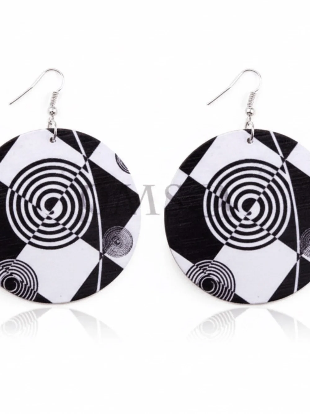 Womens Black‎ White Round Wood Earrings
